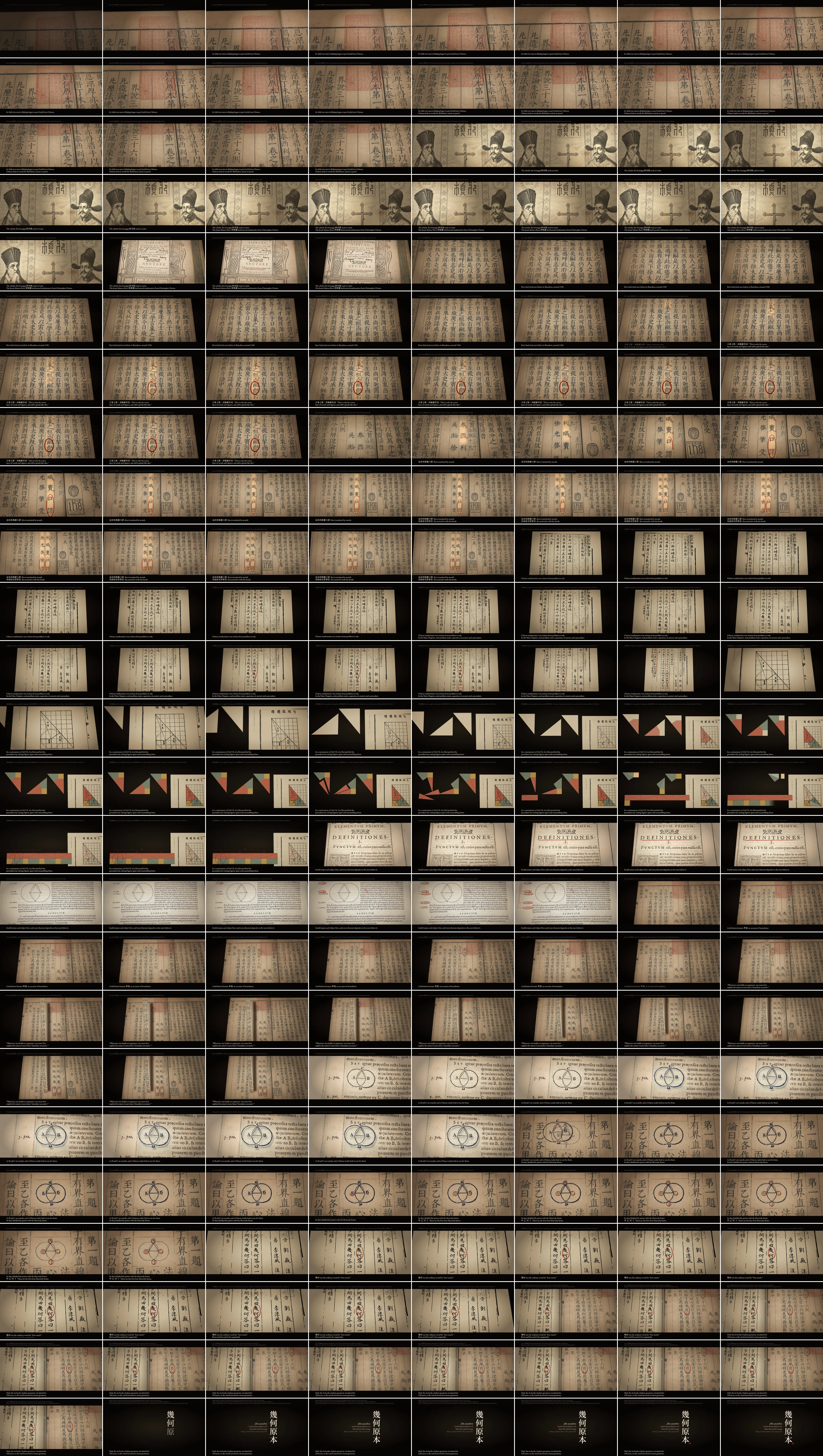 The contact sheet of the 100 s cut of Ricci, Xu Guangqi, and the Chinese vocabulary of Euclid: 200 frames, two a second, eight to a row